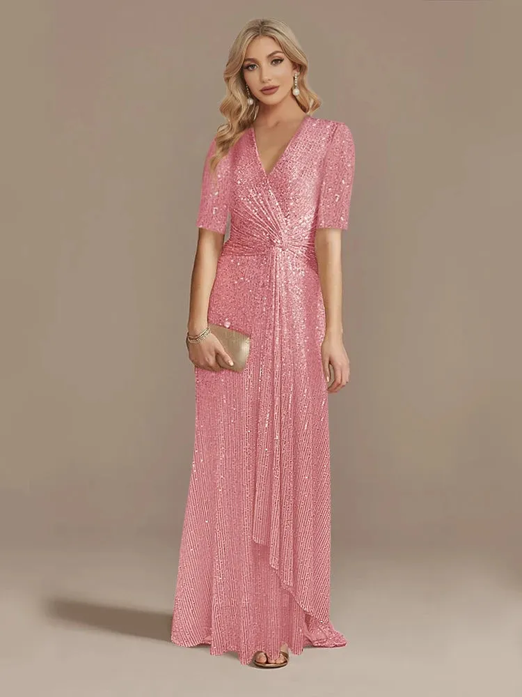 Elegant Floor Length V-Neck Sequin Evening Party Dress