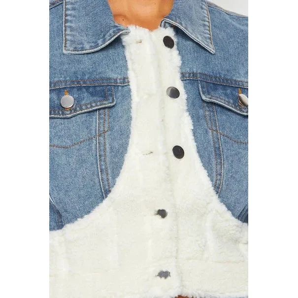 Fleece Contrast Denim Crop Jacket