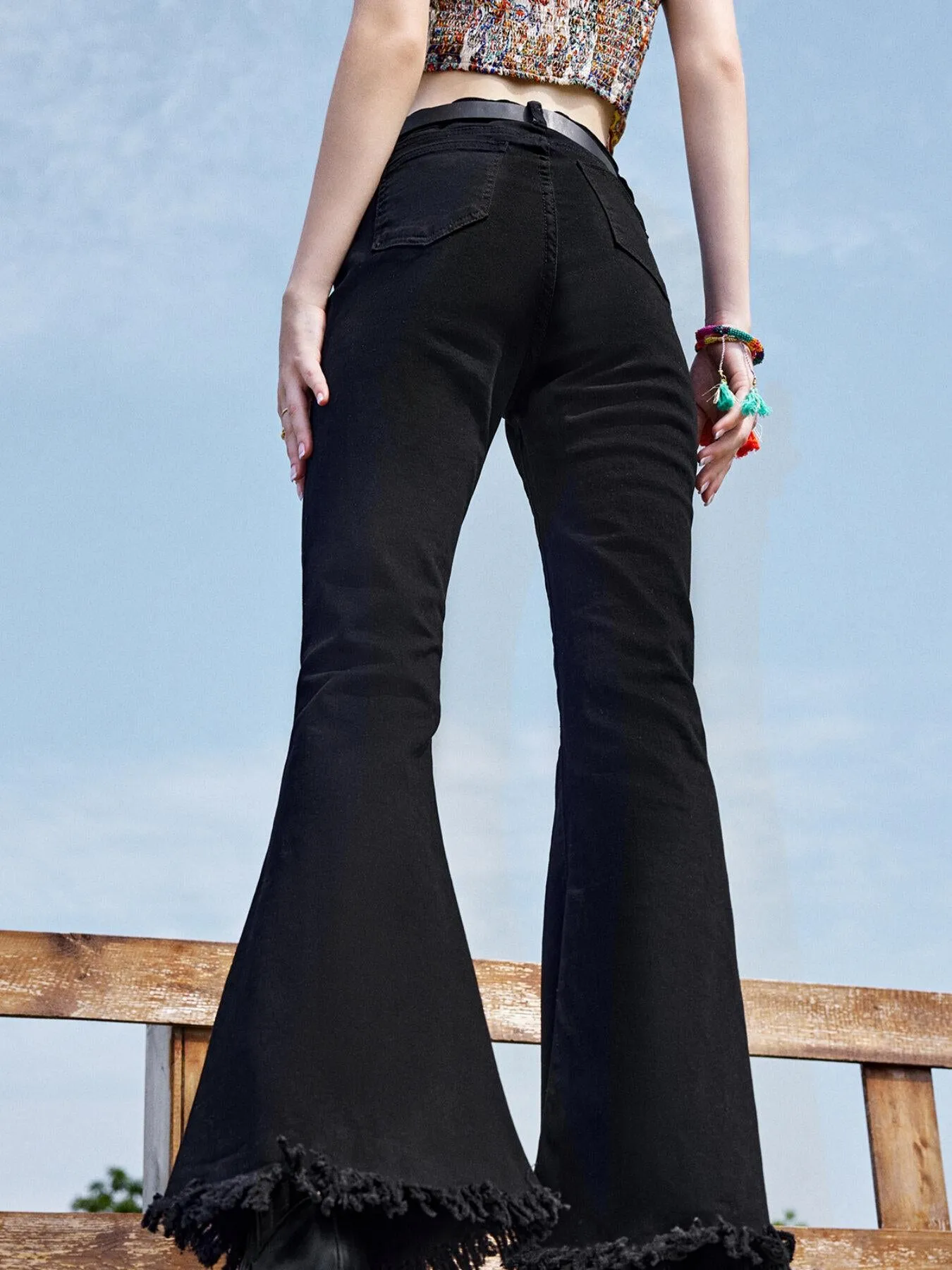 Fringe Flare Leg Jeans Without Belt