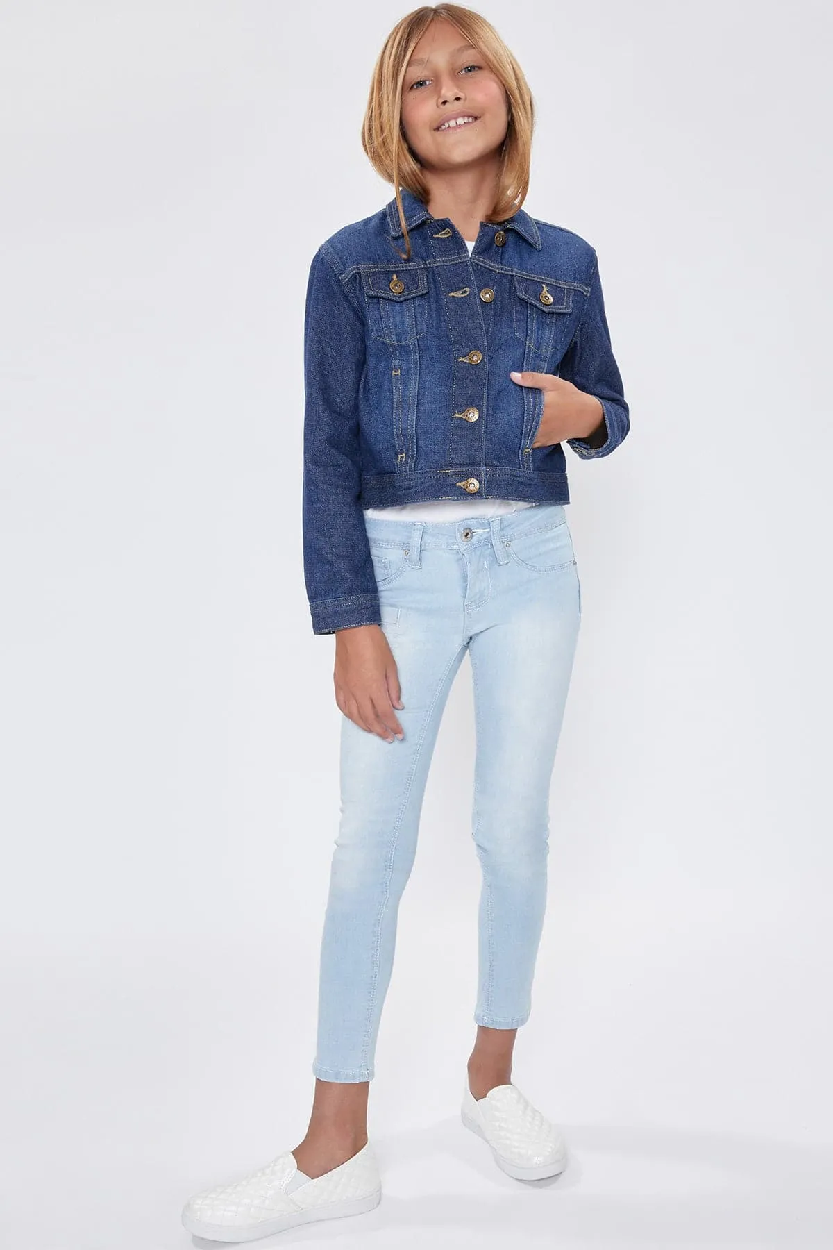 Girls Drop Shoulder Oversized Denim Jacket With Pockets