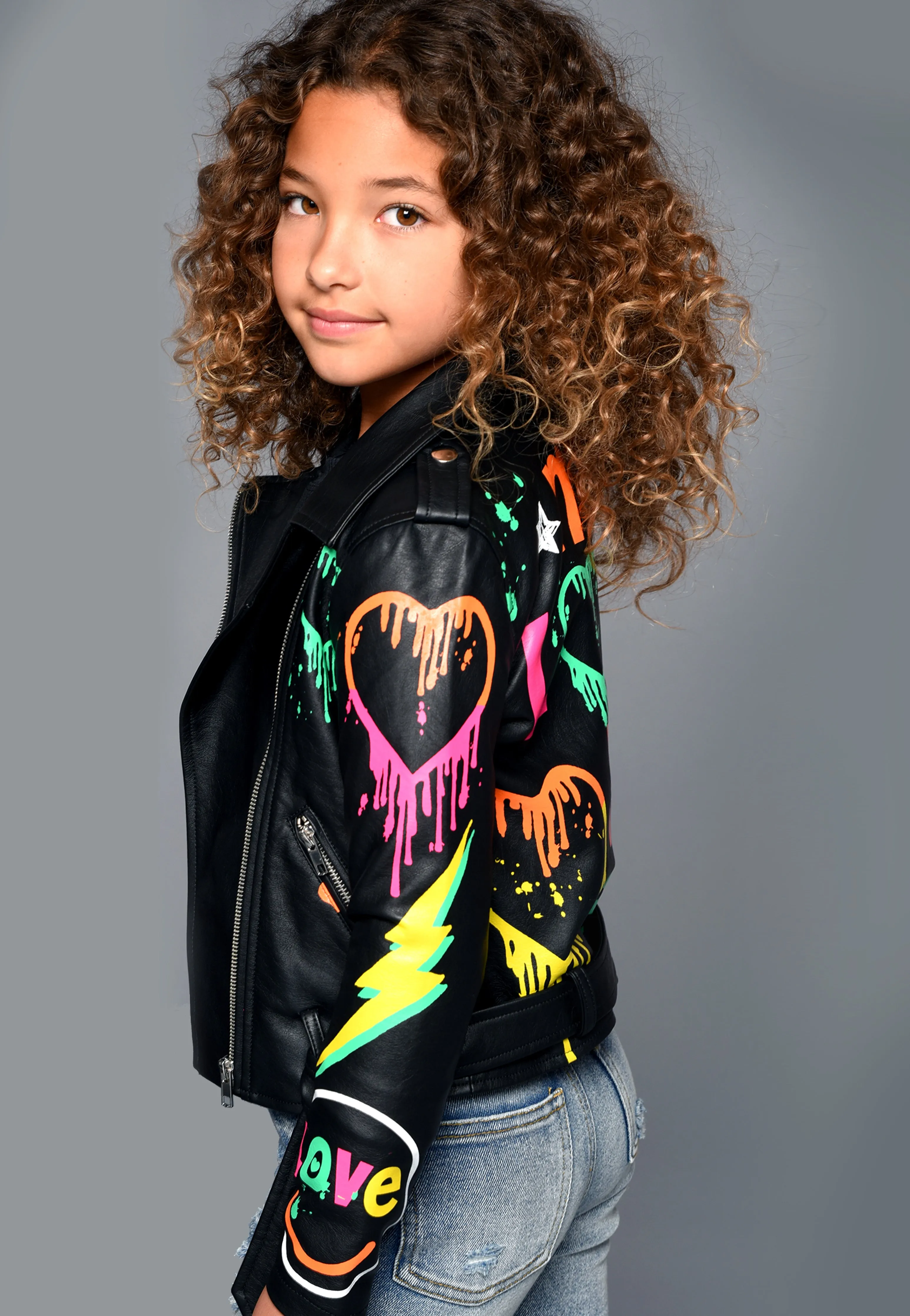 Girls Printed Moto Faux Leather Jacket