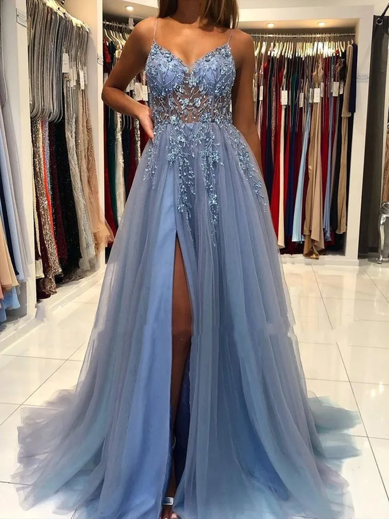 Gorgeous V Neck Open Back Smoky Gray Beaded Long Prom Dresses, High Slit Smoky Grey Long Formal Evening Dresses SA11