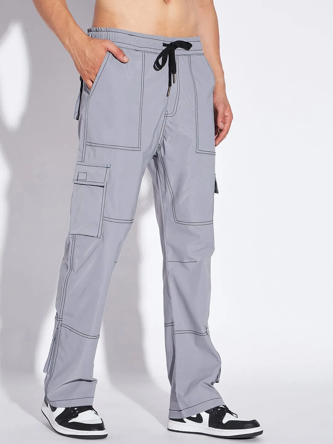 Grey Contrast Stitch Cargo Trackpants