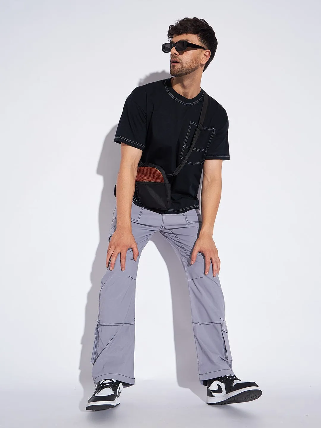 Grey Contrast Stitch Cargo Trackpants