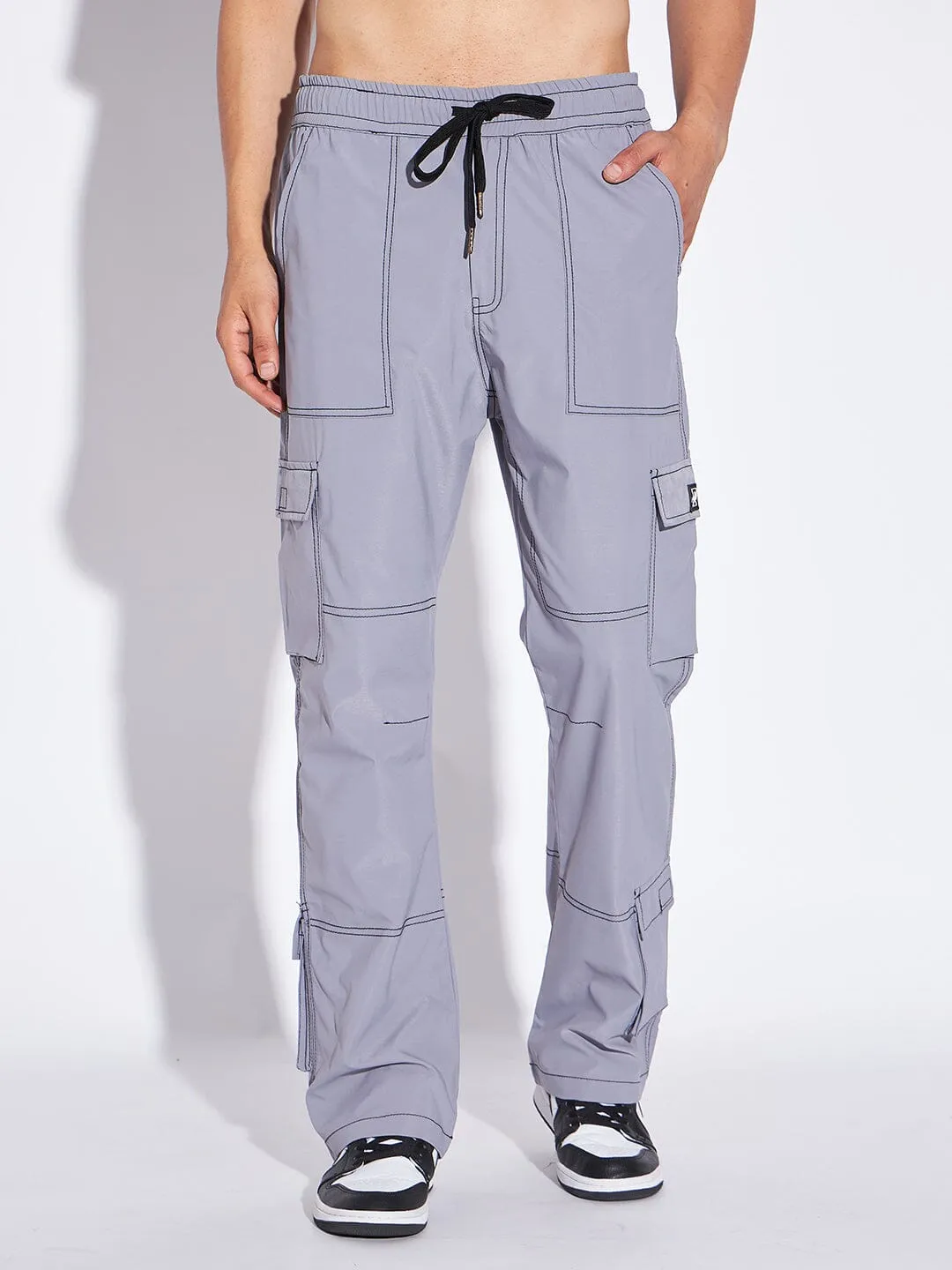 Grey Contrast Stitch Cargo Trackpants