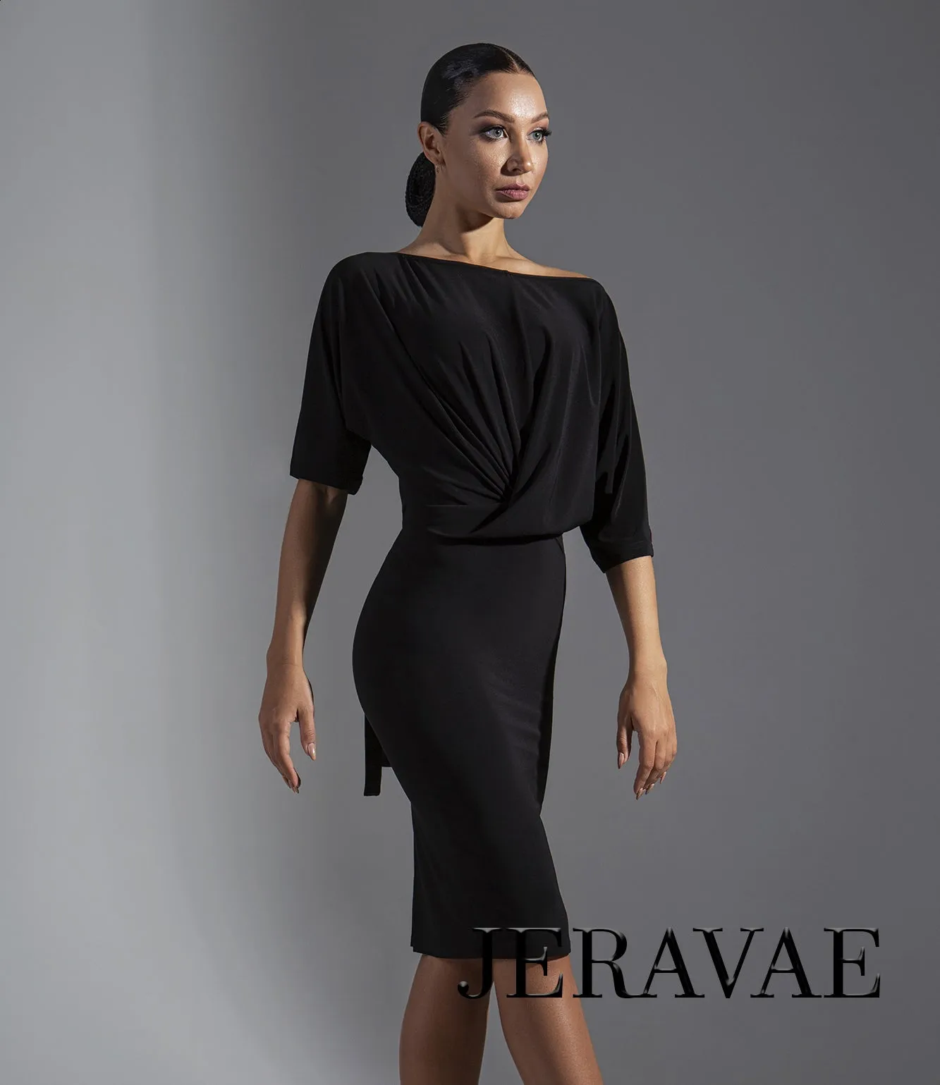 Half-Length Sleeve Latin Practice Dress with Slouchy Top and Back Slit in Skirt PRA 574