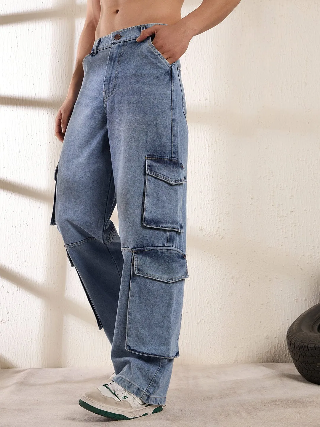 Ice Washed Baggy Cargo Denim