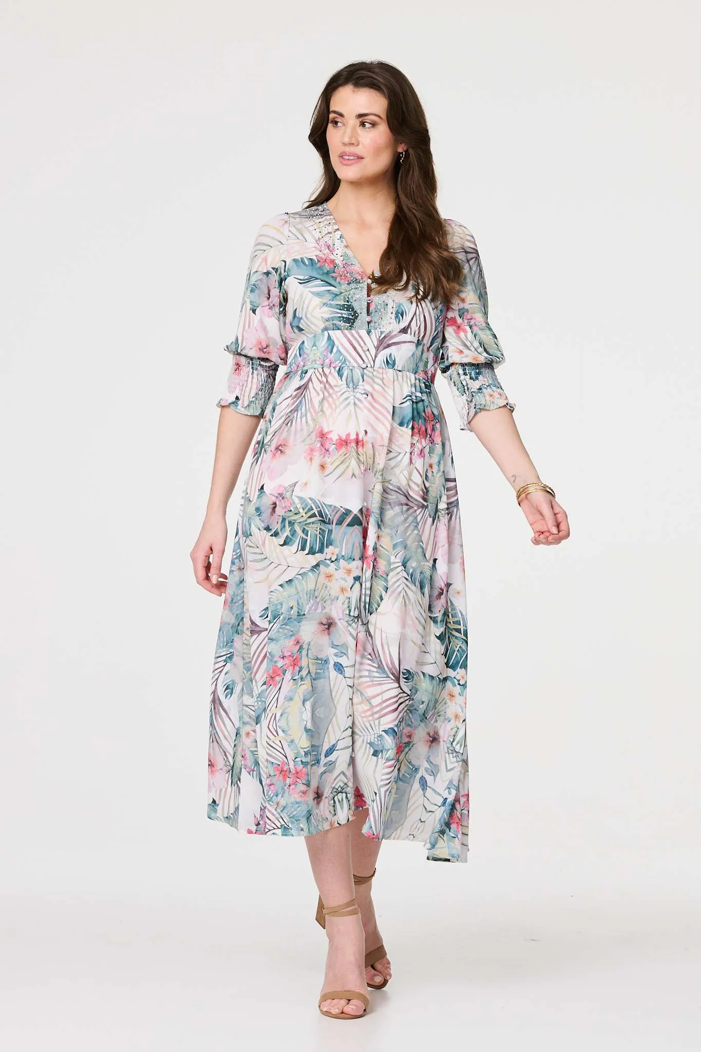 Leaf Print 3/4 Puff Sleeve Midi Dress