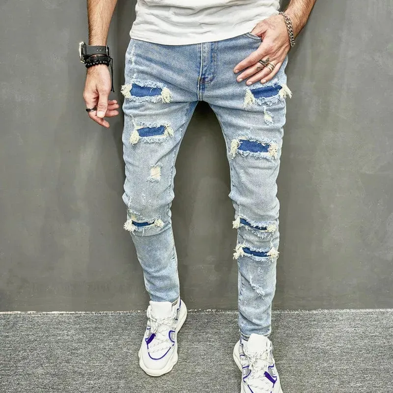 Men's Casual Skinny Jeans Streetwear Stylish Ripped Hip Hop Denim Trousers