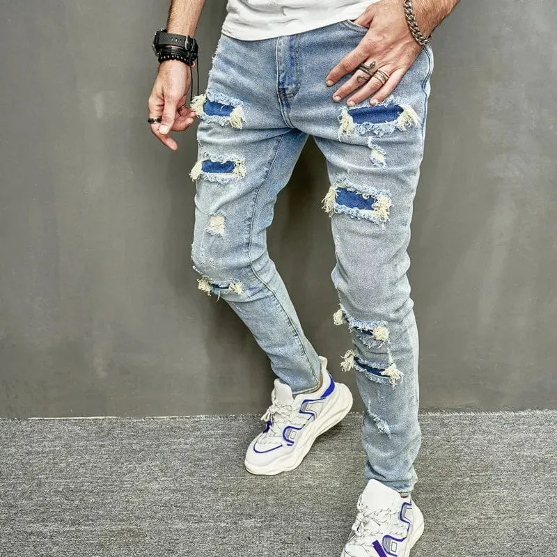 Men's Casual Skinny Jeans Streetwear Stylish Ripped Hip Hop Denim Trousers