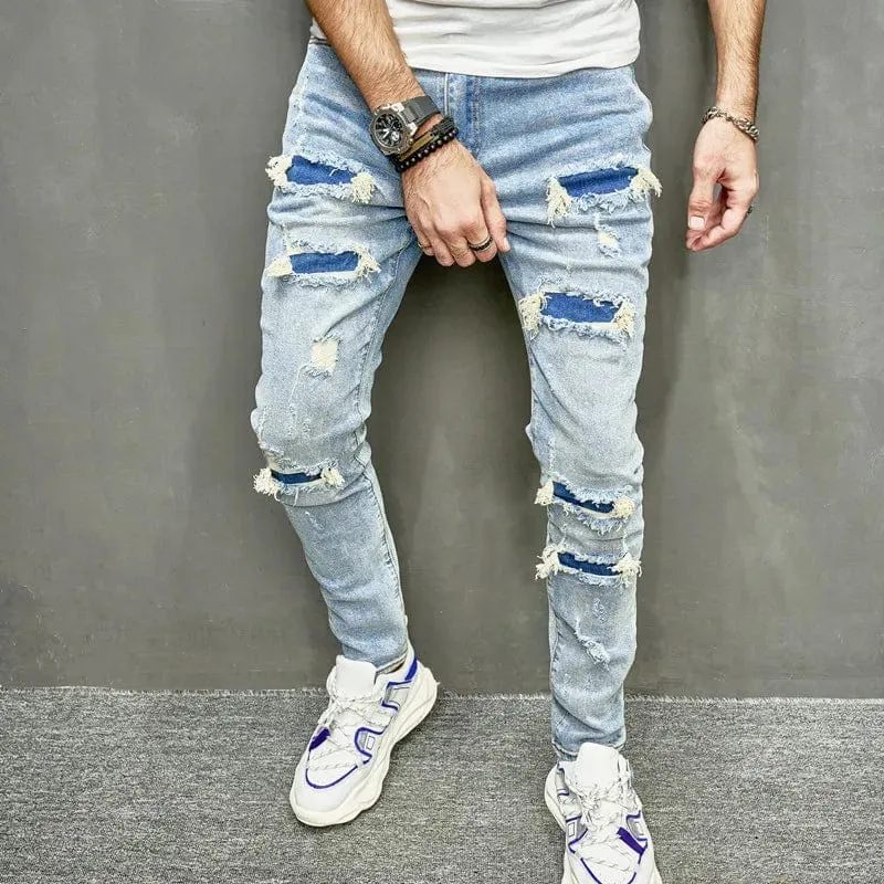 Men's Casual Skinny Jeans Streetwear Stylish Ripped Hip Hop Denim Trousers