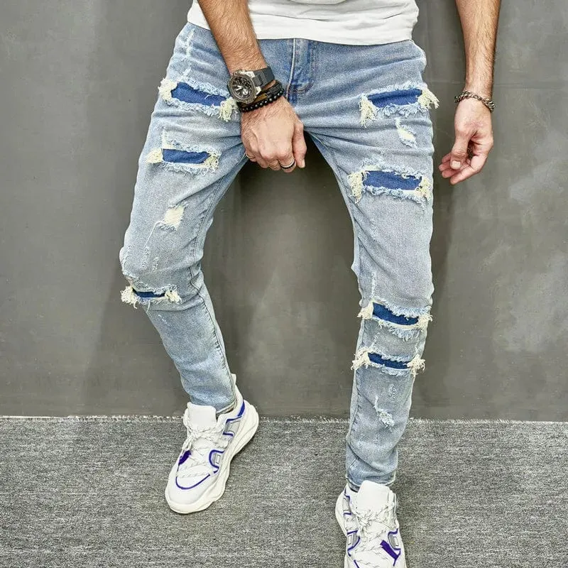 Men's Casual Skinny Jeans Streetwear Stylish Ripped Hip Hop Denim Trousers