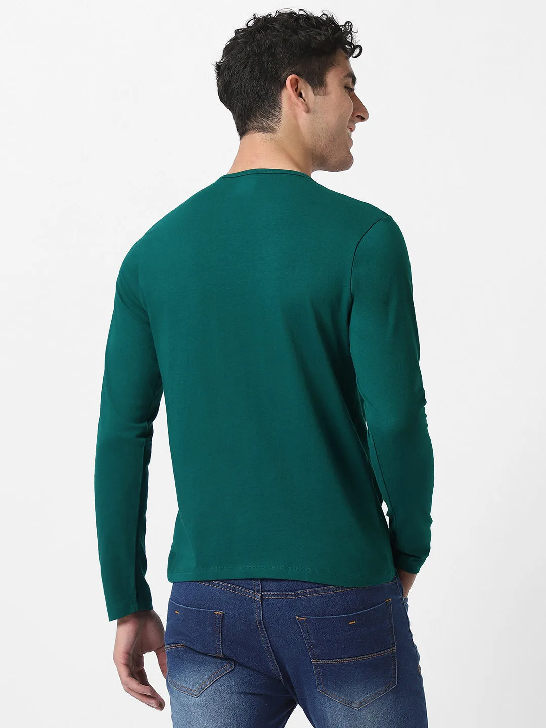 Men's Dark Green Solid Henley Neck Slim Fit Cotton T-Shirt