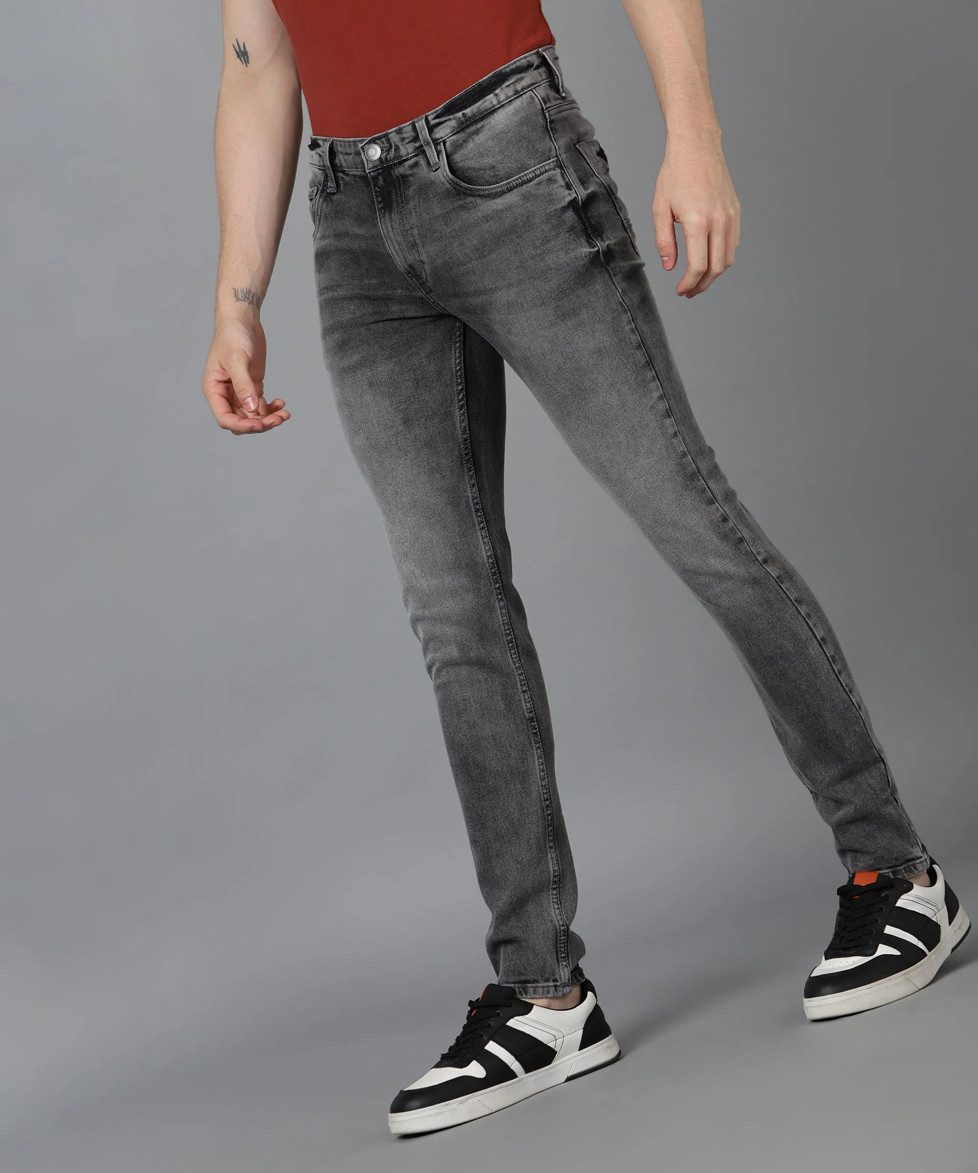 Men's Grey Slim Fit Washed Jeans Stretchable