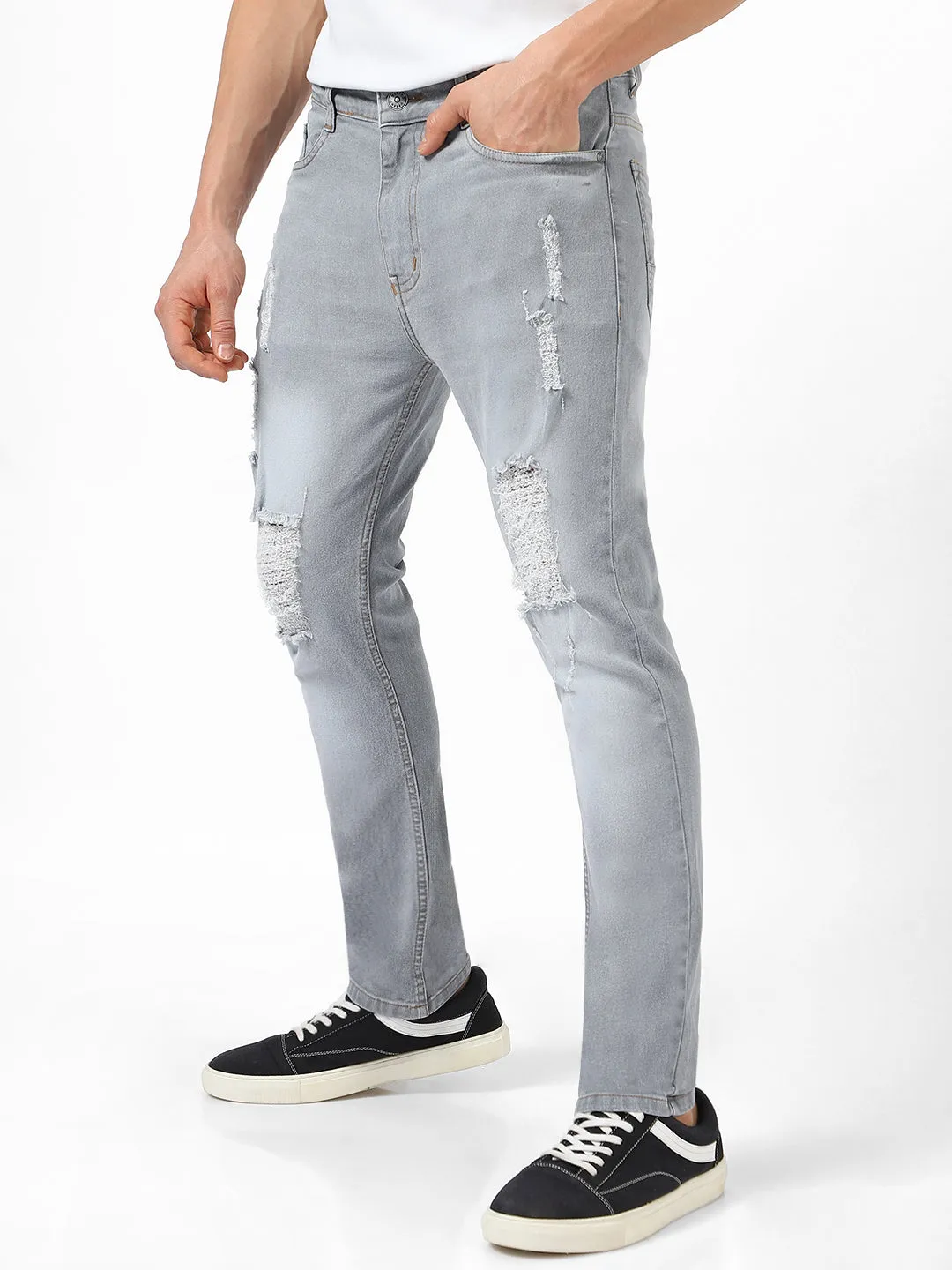 Men's Light Grey Slim Fit Heavy Distressed/Torn Jeans