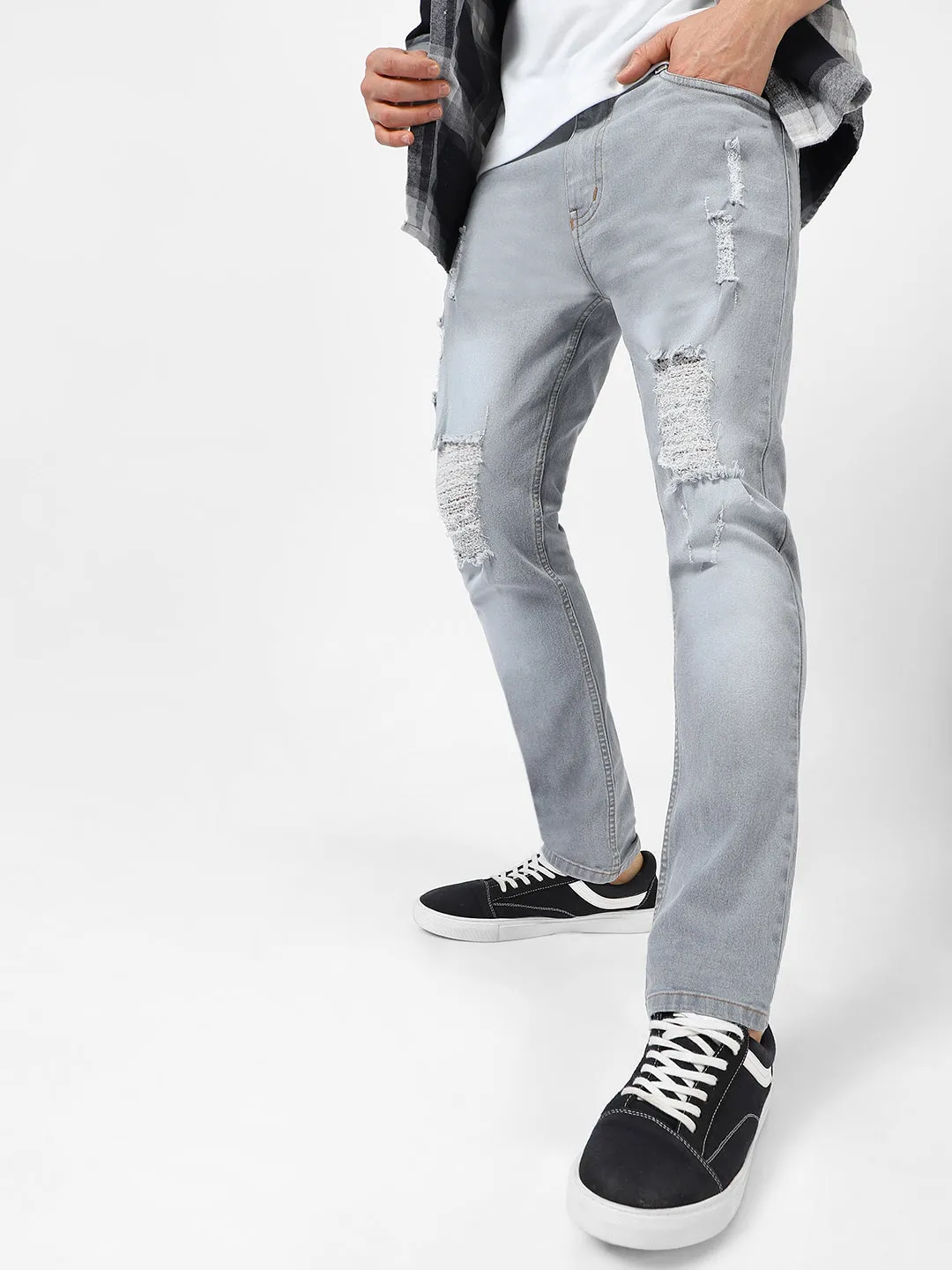 Men's Light Grey Slim Fit Heavy Distressed/Torn Jeans