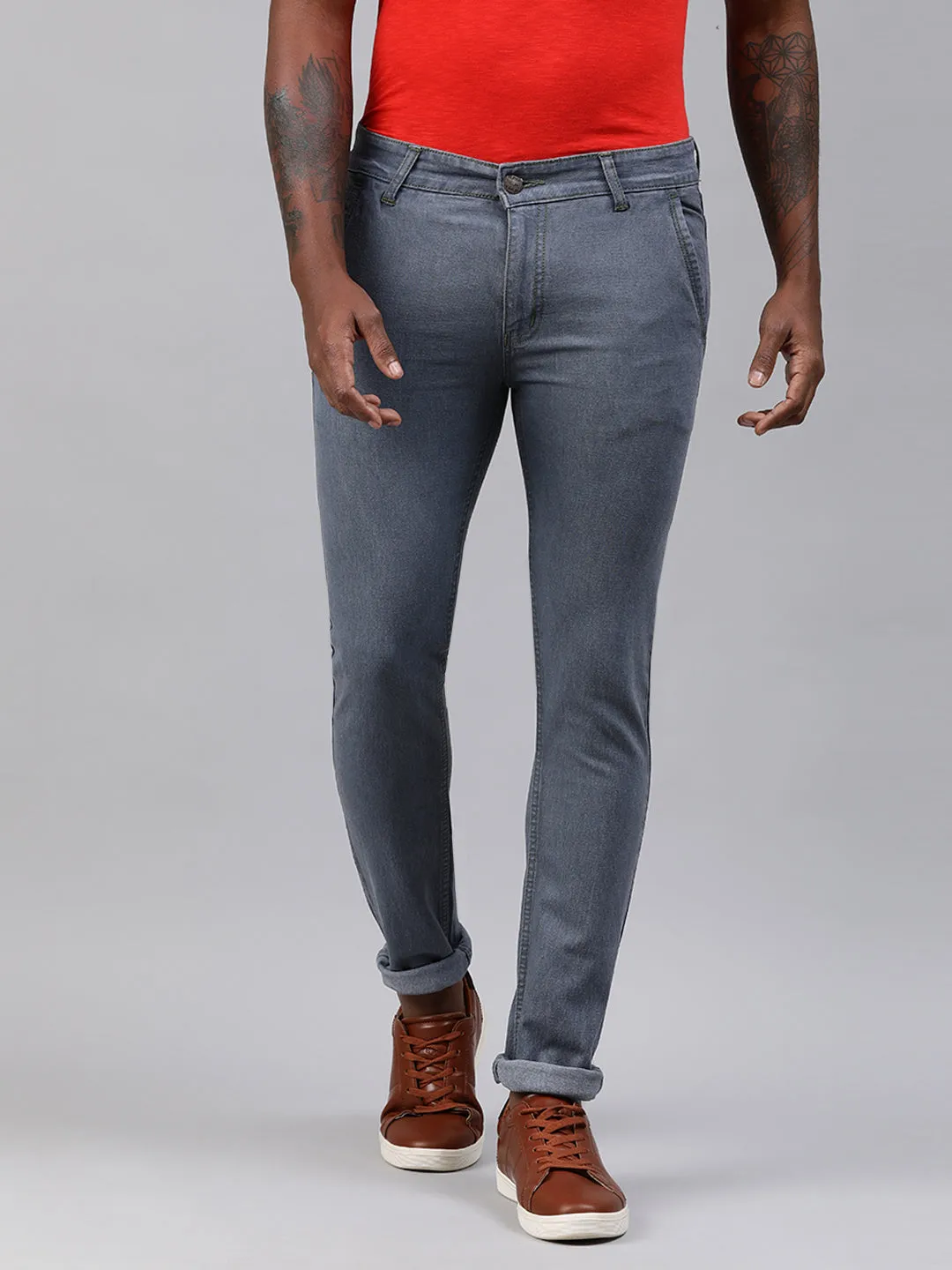 Men's Light Grey Slim Fit Washed Jeans Stretchable