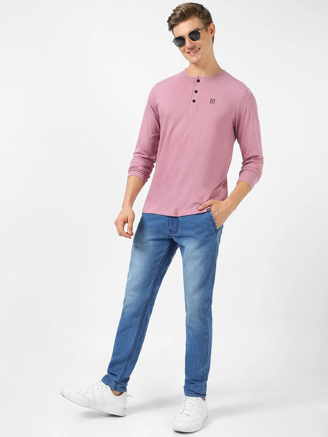 Men's Lilac Solid Henley Neck Slim Fit Full Sleeve Cotton T-Shirt