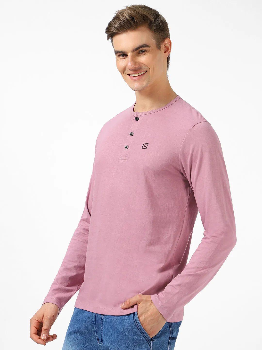 Men's Lilac Solid Henley Neck Slim Fit Full Sleeve Cotton T-Shirt