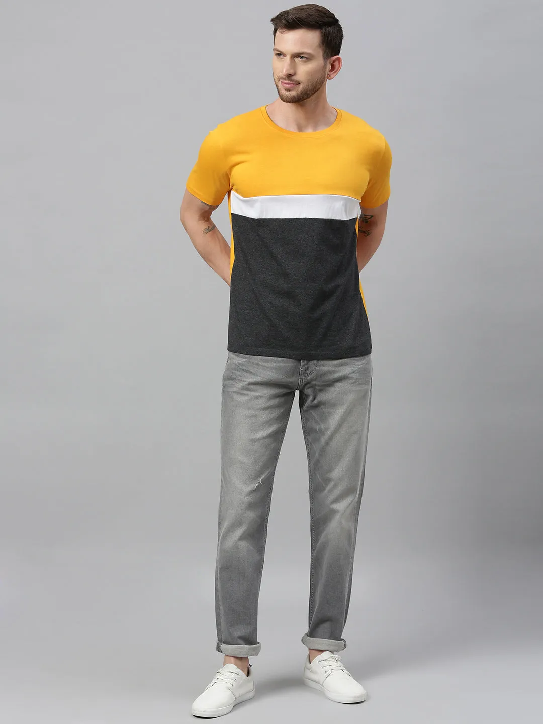 Men's Mustard, White, Charcoal Colour-Block Slim Fit Half Sleeve T-Shirt