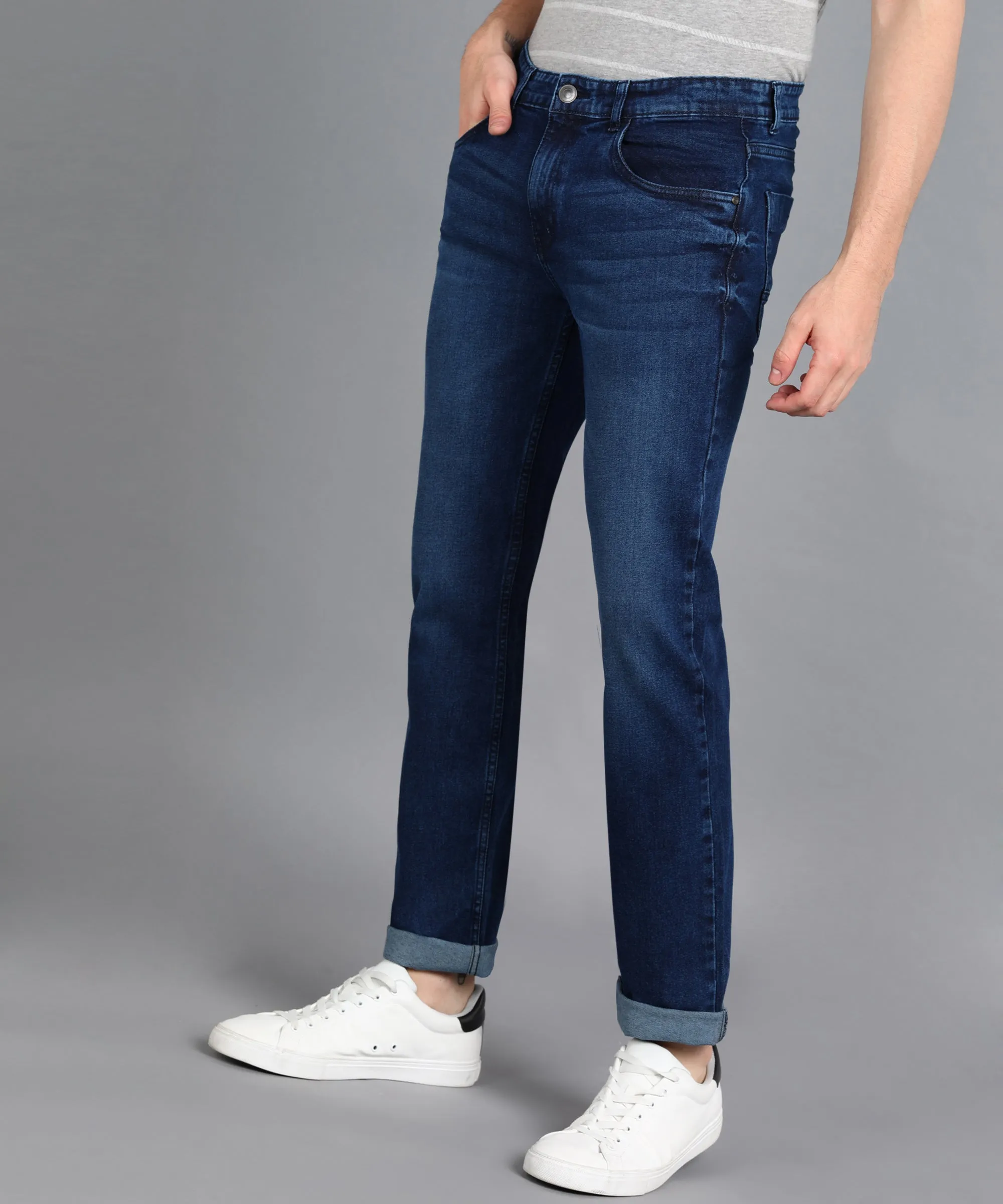 Men's Navy Regular Fit Washed Jeans Stretchable