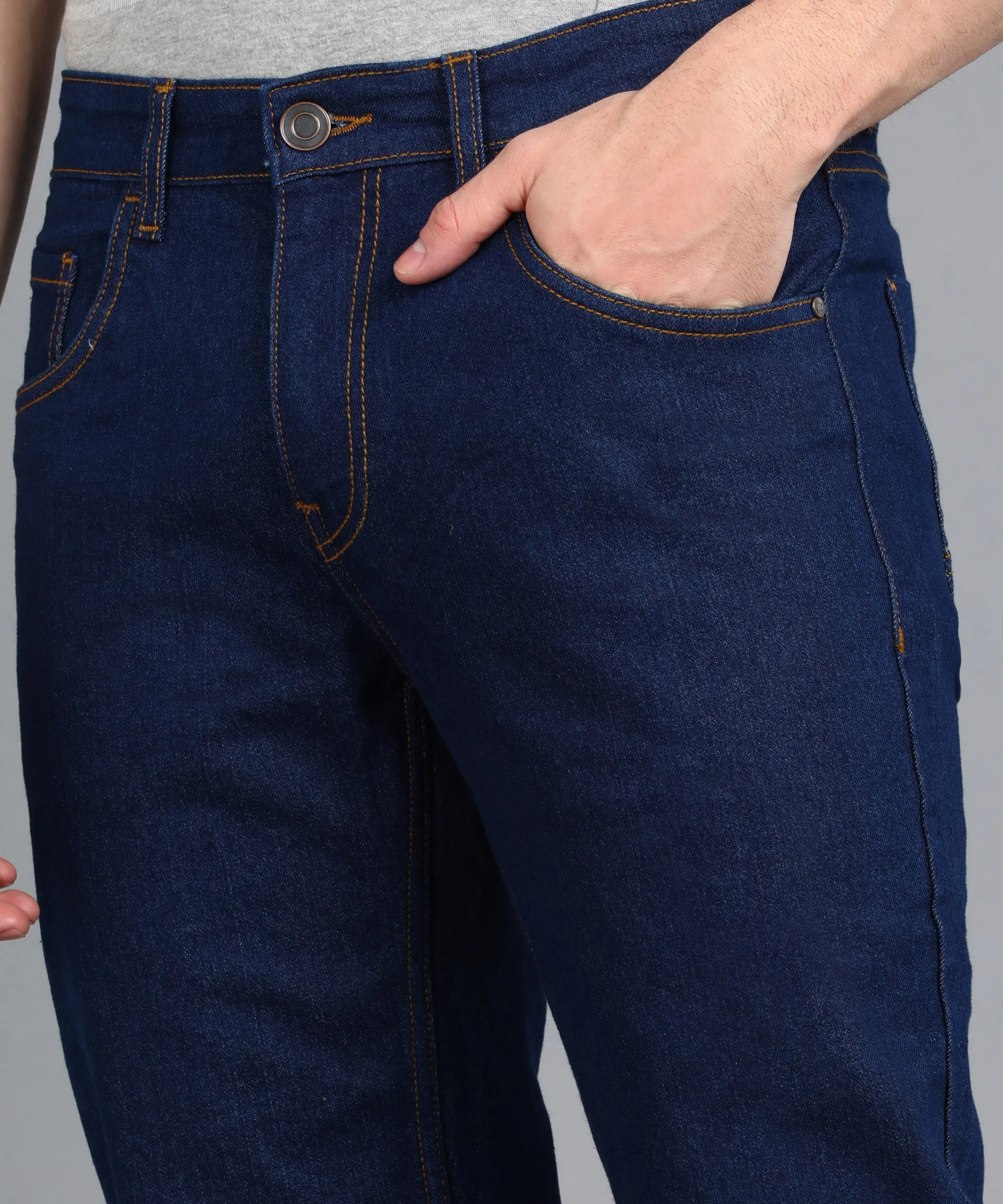 Men's Navy Regular Fit Washed Jeans Stretchable