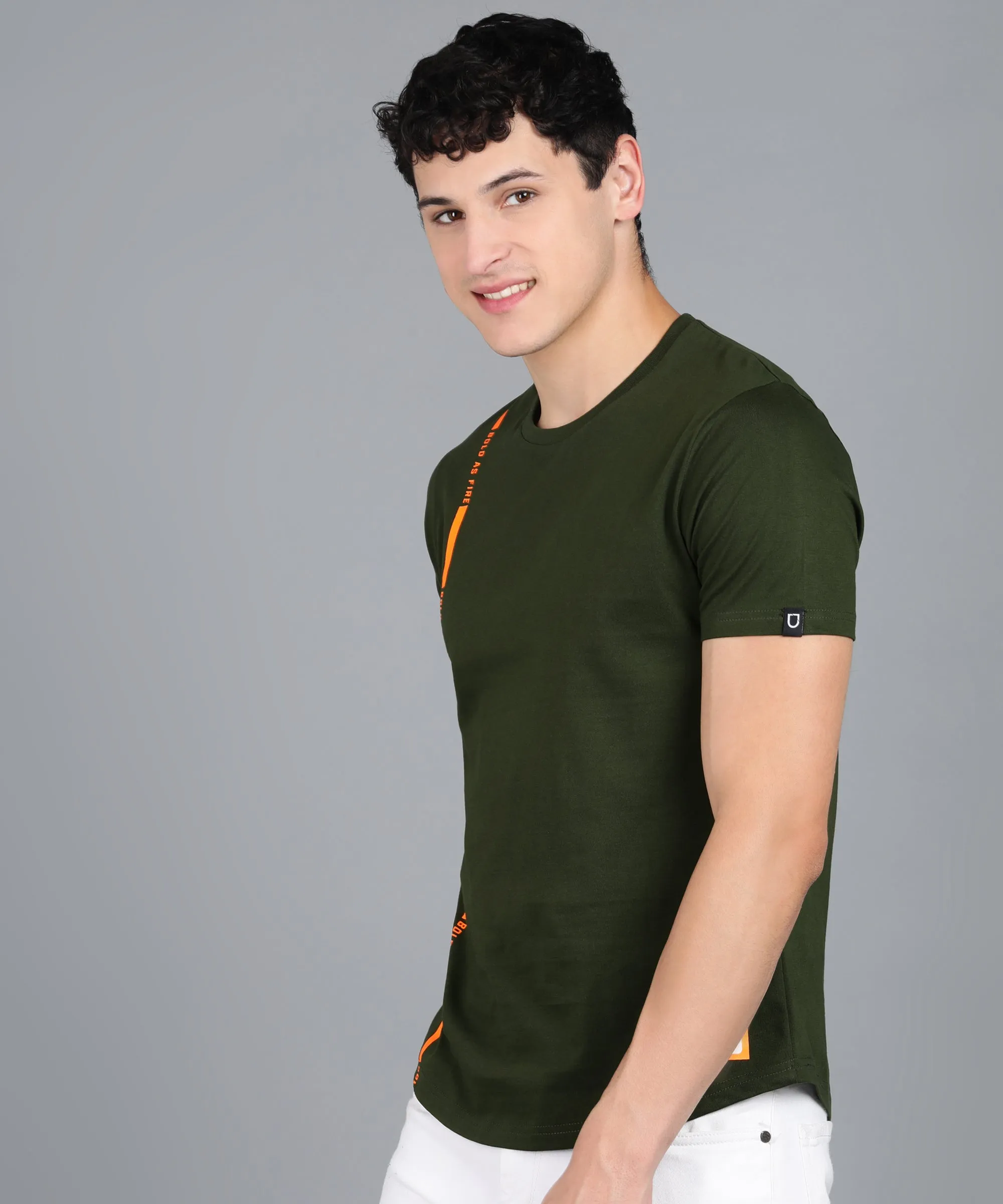 Men's Printed Olive Round Neck Half Sleeve Slim Fit Cotton T-Shirt