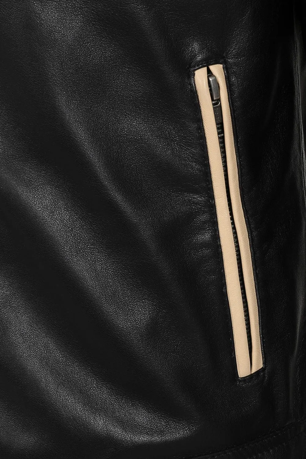 Men's Racer Style Leather Jacket - Black with Cream Stripes - RIO