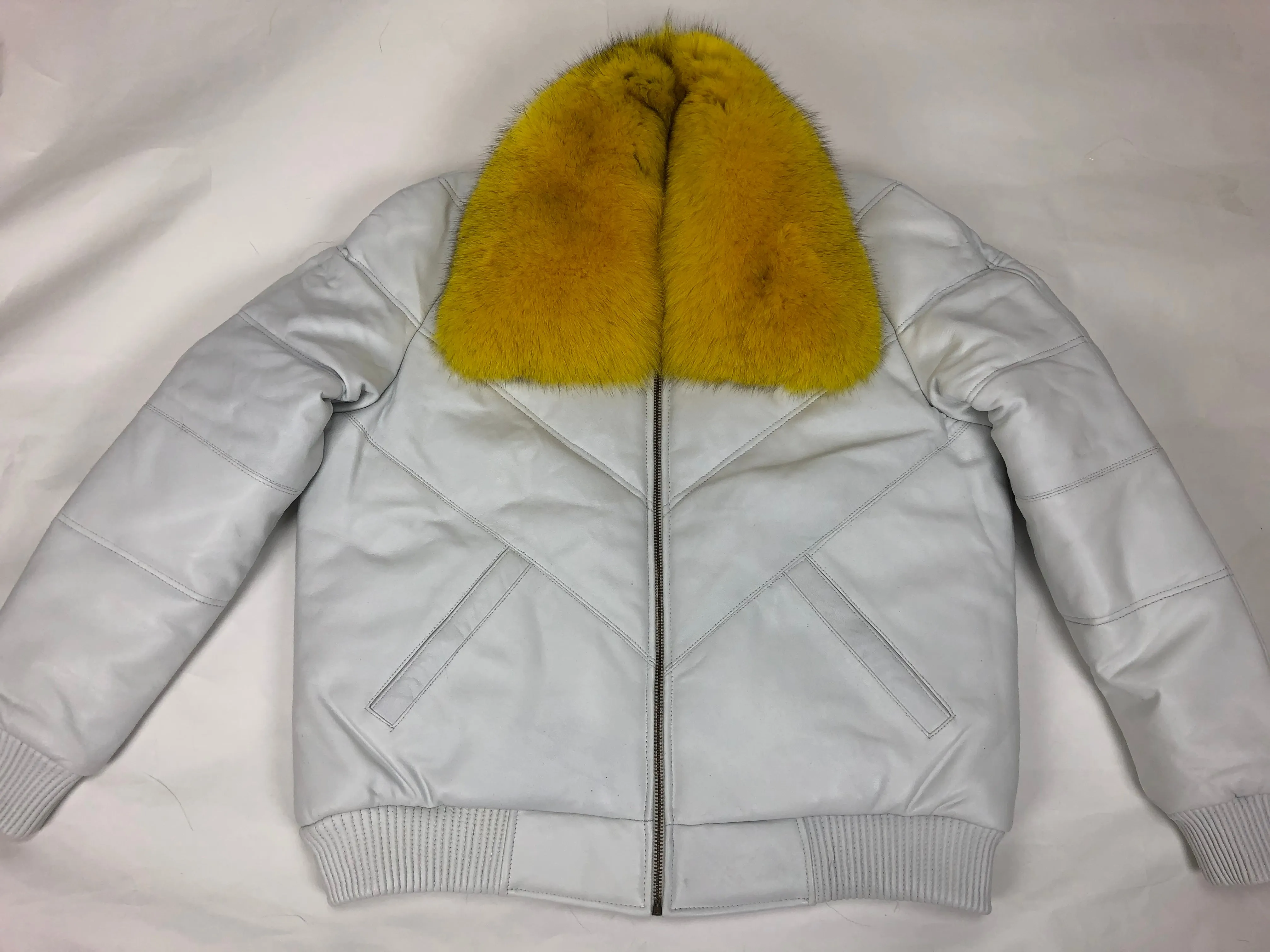 Men's V-Bomber White Premium Yellow Fox Collar