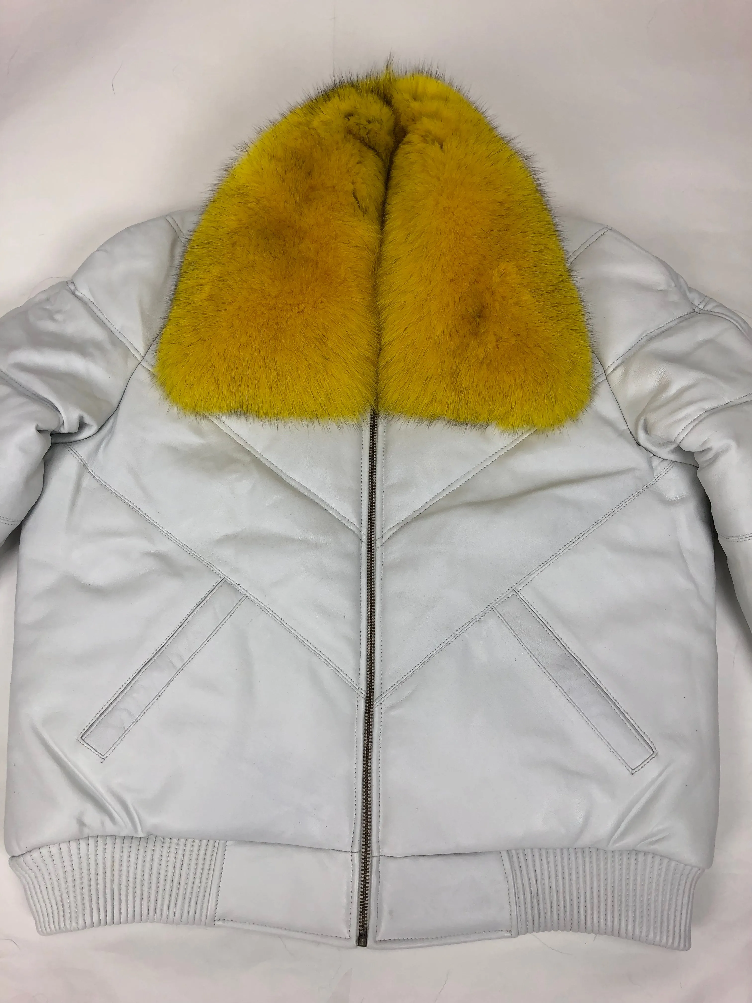 Men's V-Bomber White Premium Yellow Fox Collar