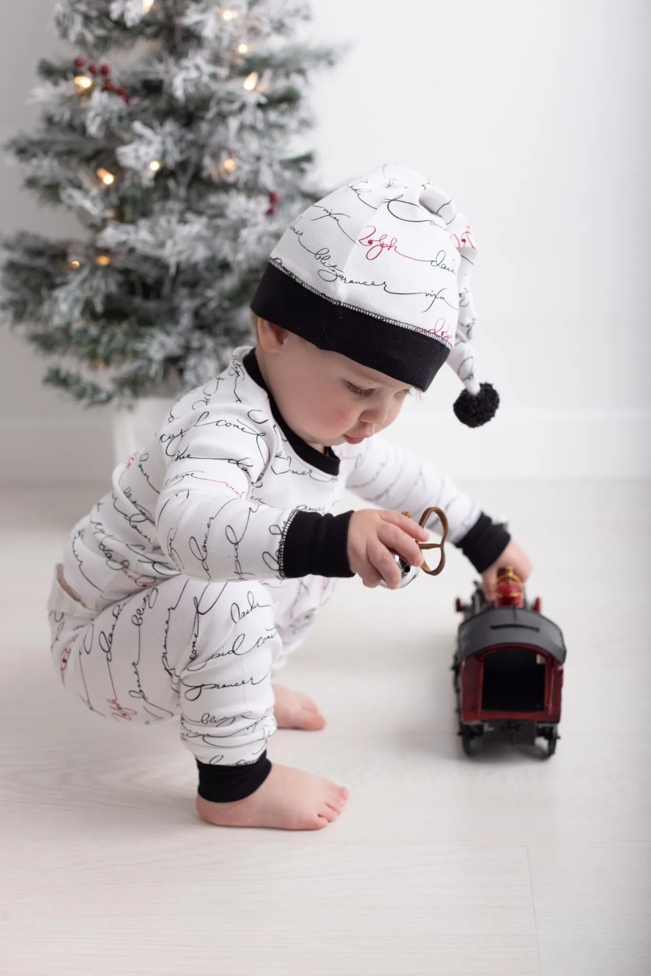 Organic Holiday Kid's PJ & Cap Set in Writing Reindeer