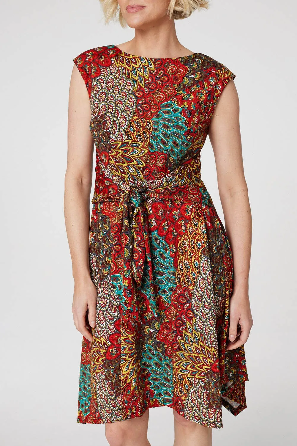 Peacock Print Tie Front Dress