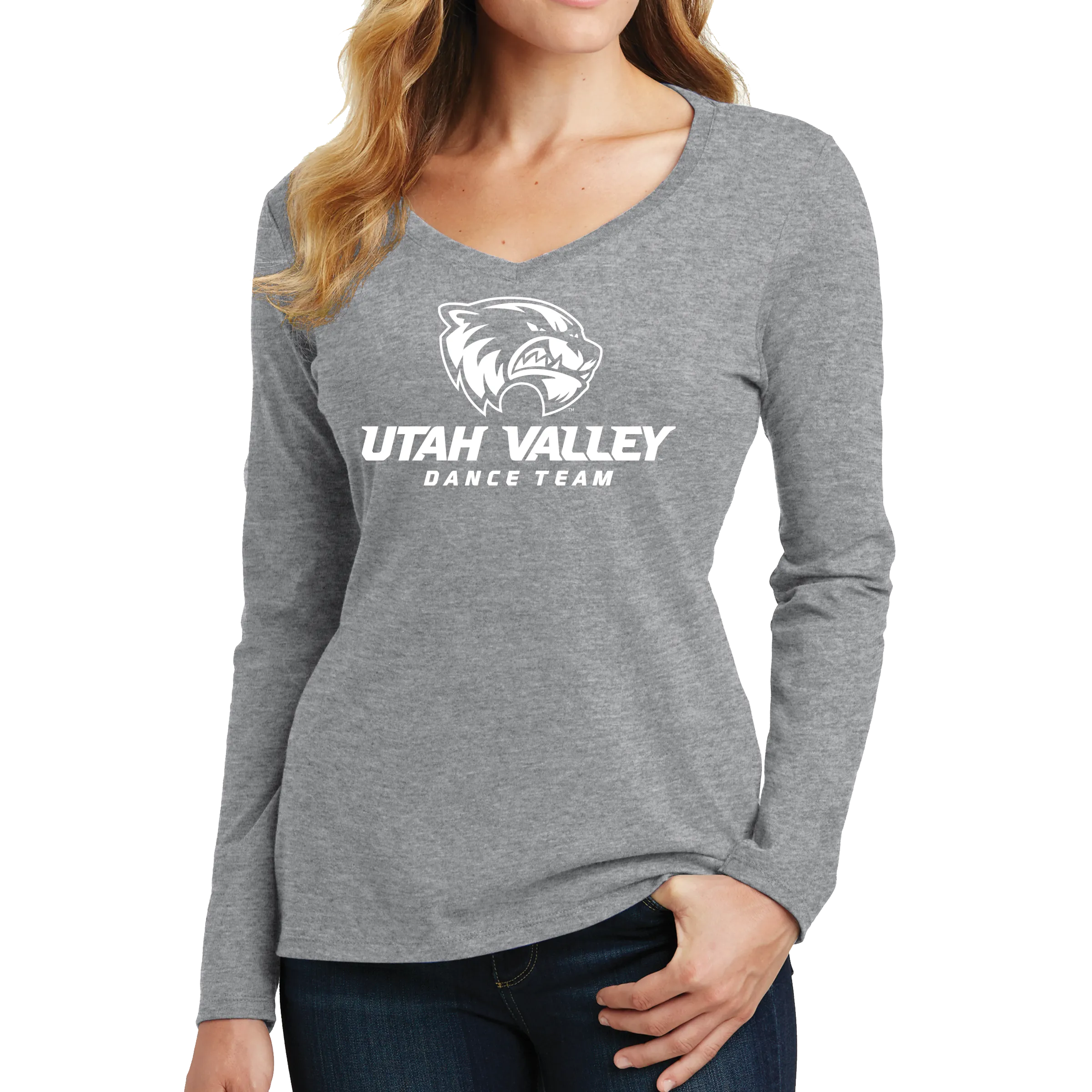 Port & Company Ladies Long Sleeve Fan Favorite V-Neck Tee - UVU Dance Team Wolverine