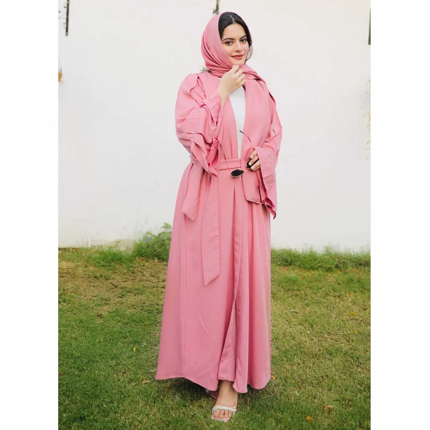 Puff Sleeves Front Open Abaya (pink)