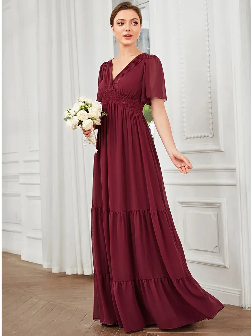 Simple V Neck A Line Short Sleeves Evening Dress