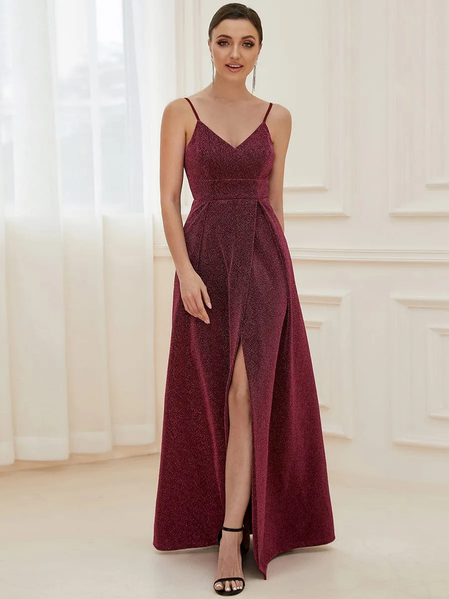 Spaghetti Strap Front Slit Shiny Evening Dress