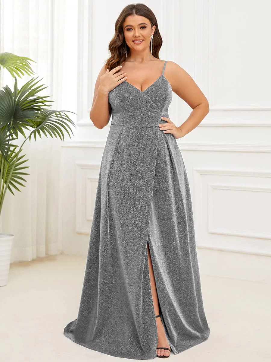 Spaghetti Strap Front Slit Shiny Evening Dress