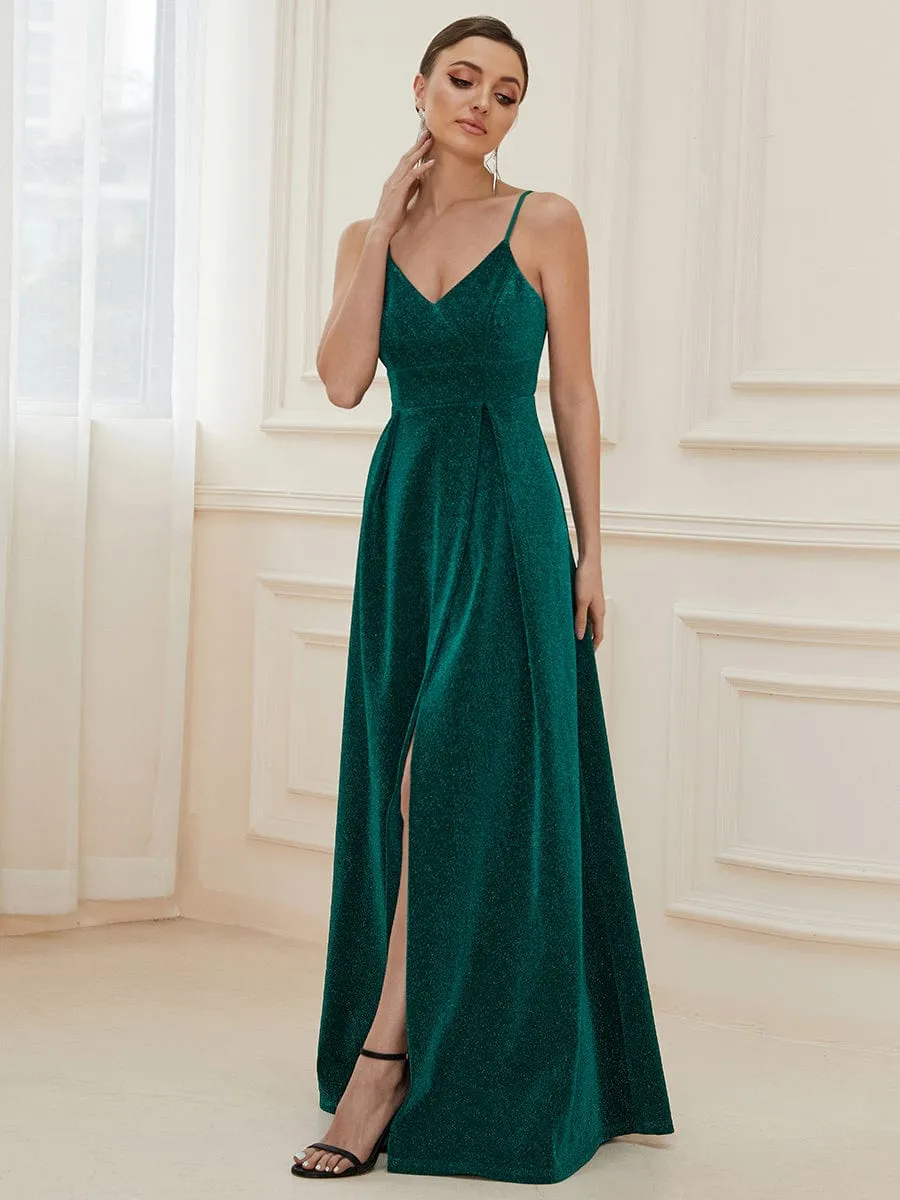 Spaghetti Strap Front Slit Shiny Evening Dress