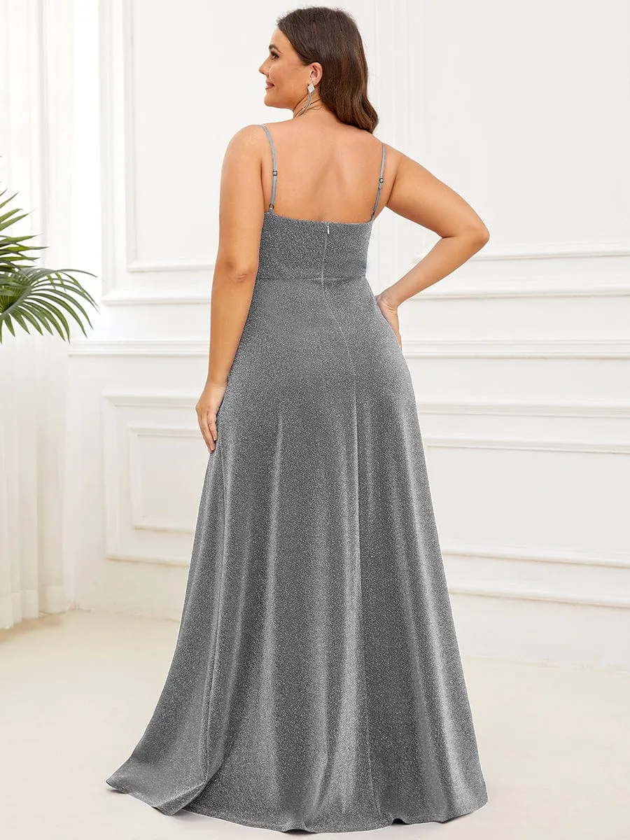 Spaghetti Strap Front Slit Shiny Evening Dress