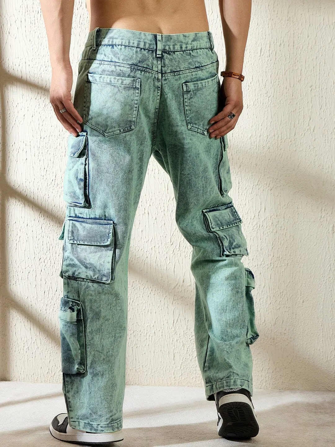 Teal Tinted Washed Baggy Cargo Denim