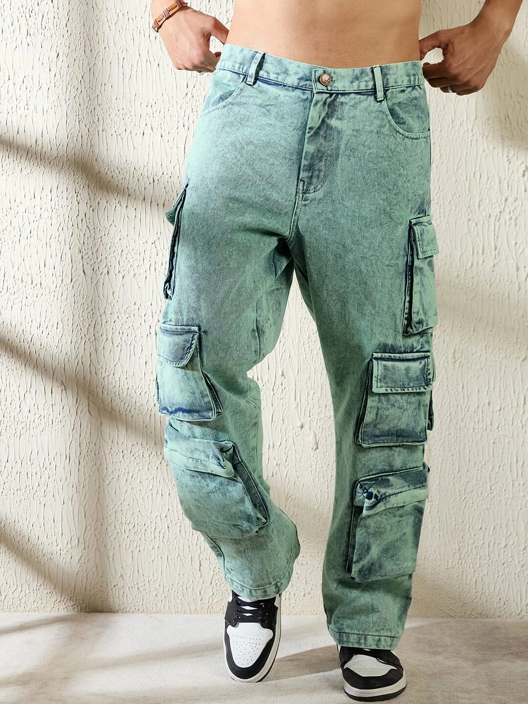 Teal Tinted Washed Baggy Cargo Denim