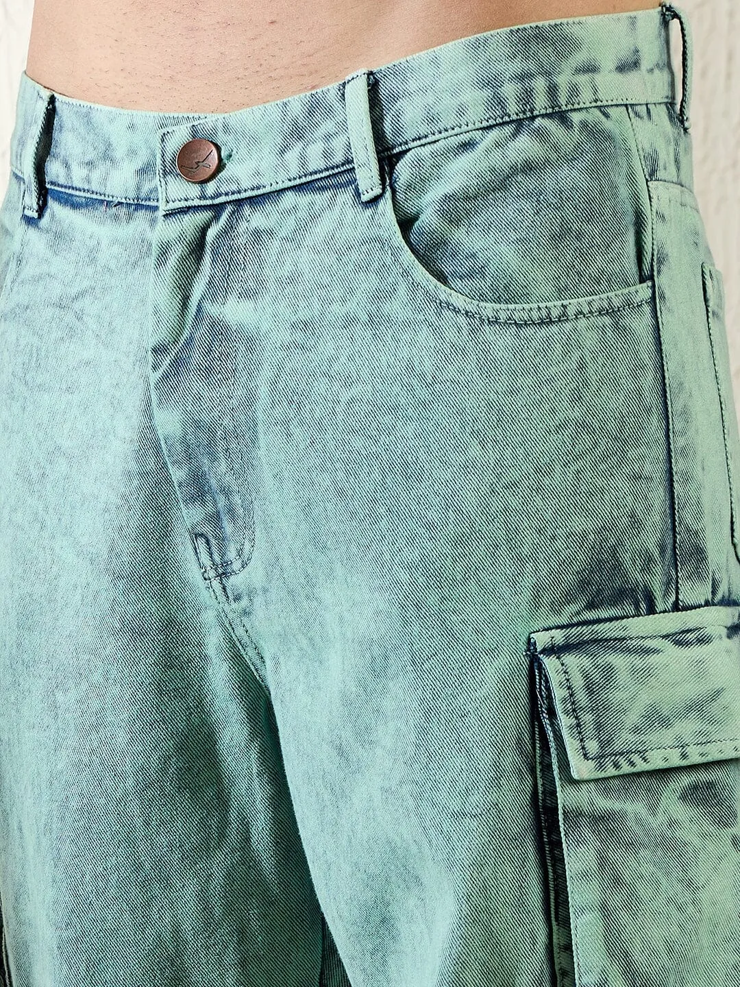 Teal Tinted Washed Baggy Cargo Denim