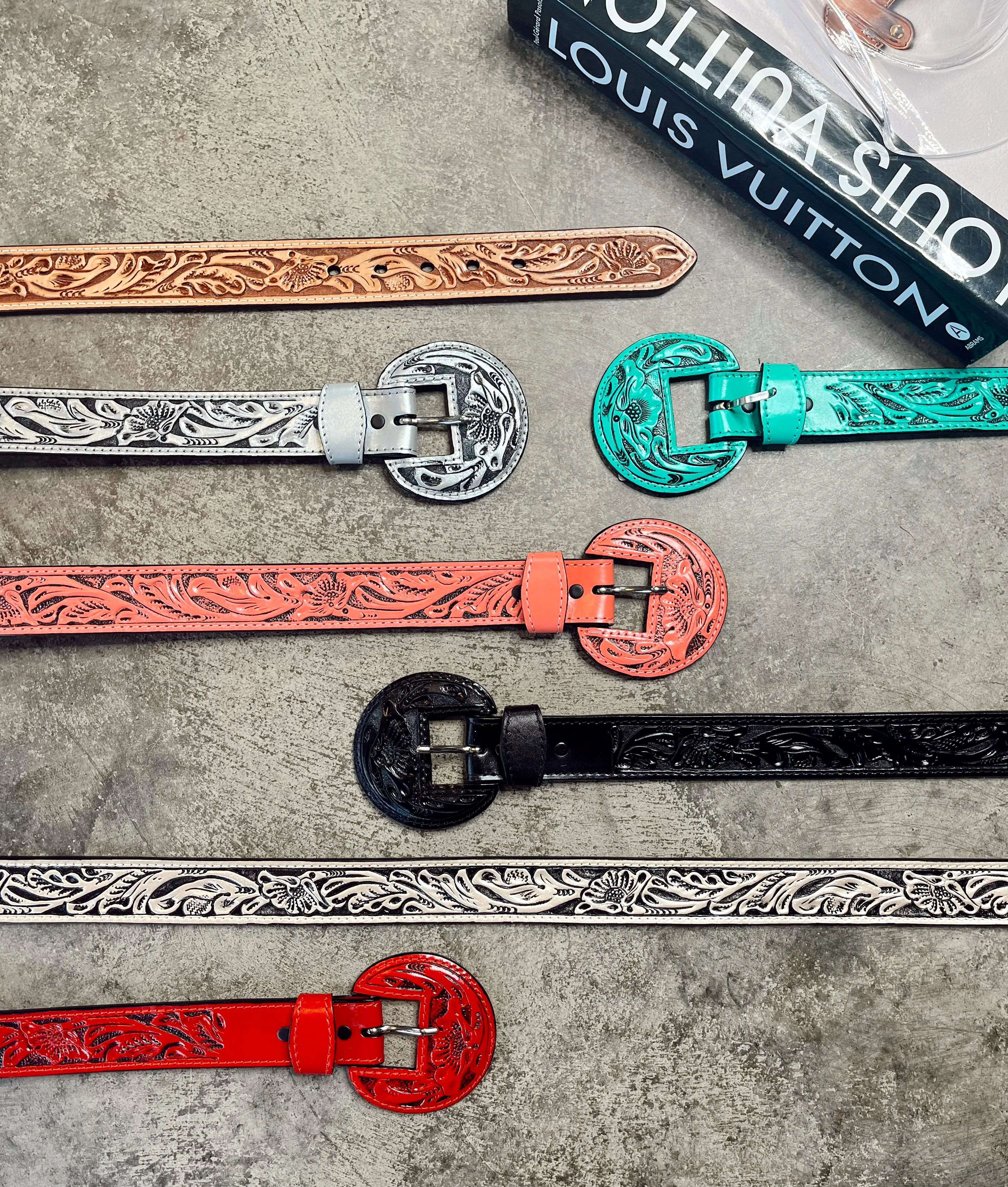 Tooled Beverly Leather Belt with Detailed Craftsmanship