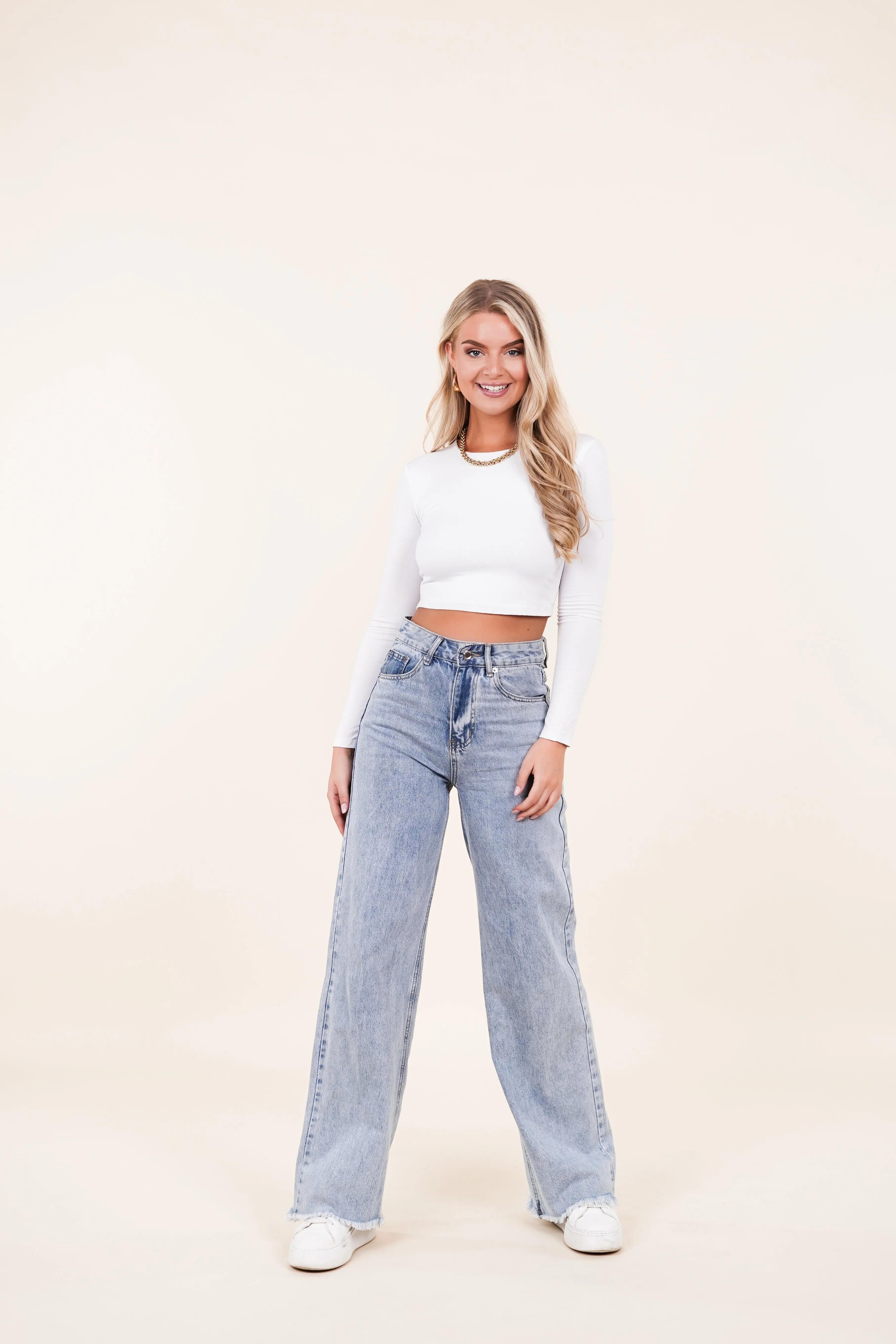 Wide leg jeans dames blauw - Jula