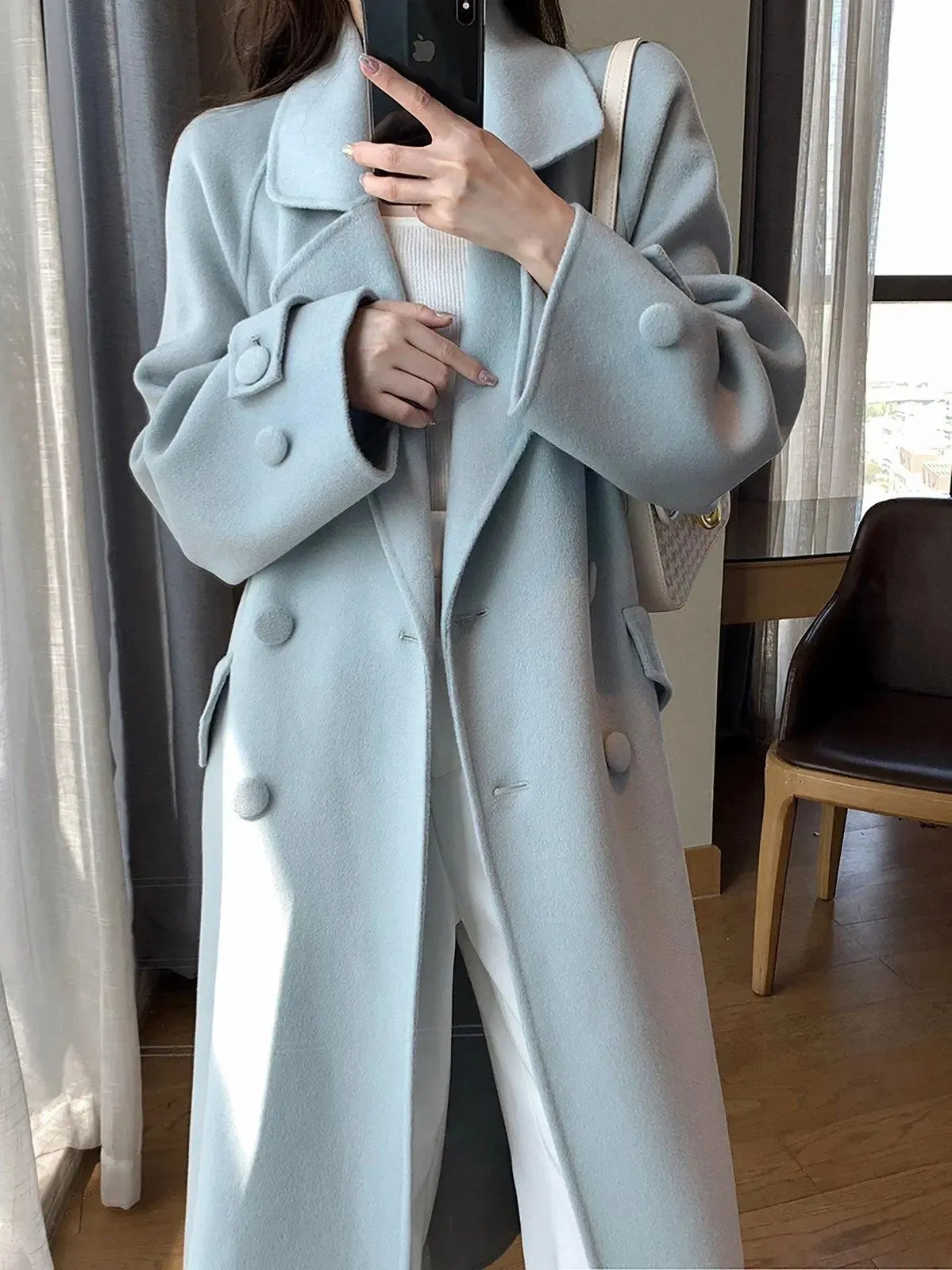 Women Light Blue Wool Long Coat,White Long Wool Coat,Double Faced Wool Coat,Wool Overcoat,Warm Winter Coat,Oversize Wool Coat,Handmade Coat