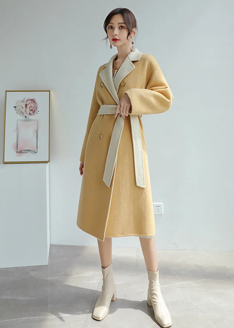 Women Yellow Double-sided wool coat winter light luxury Double Breasted Long Length Woolen coat Fall Wool Blend Coat Overcoat Outerwear