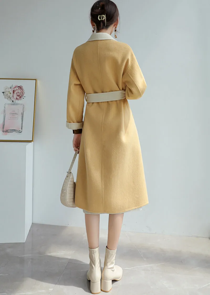 Women Yellow Double-sided wool coat winter light luxury Double Breasted Long Length Woolen coat Fall Wool Blend Coat Overcoat Outerwear